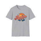Retro America Shirt 4th of July Vintage Mountain Graphic Tee Sunset Landscape Fourth July Patriotic Stars Nature Lover