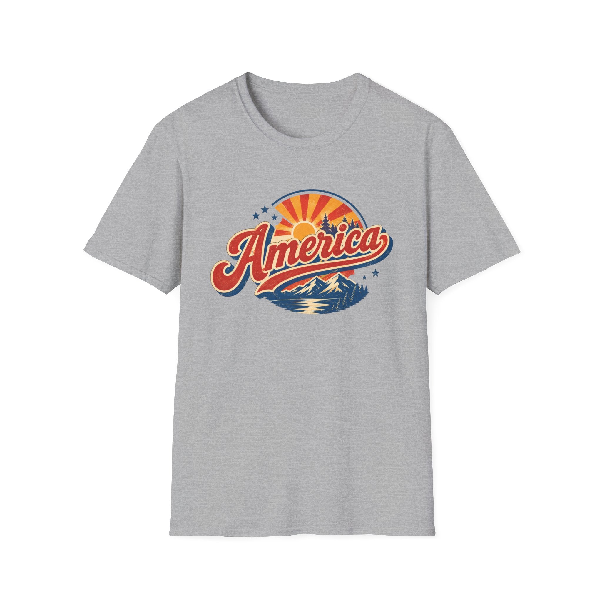 Retro America Shirt 4th of July Vintage Mountain Graphic Tee Sunset Landscape Fourth July Patriotic Stars Nature Lover