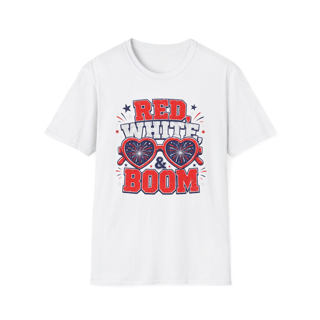 Red White Boom Sunglasses Shirt, Funny Patriotic Heart Glasses Firework Tee, 4th of July Pun Party T-Shirt, Retro Boom America Celebration Gift
