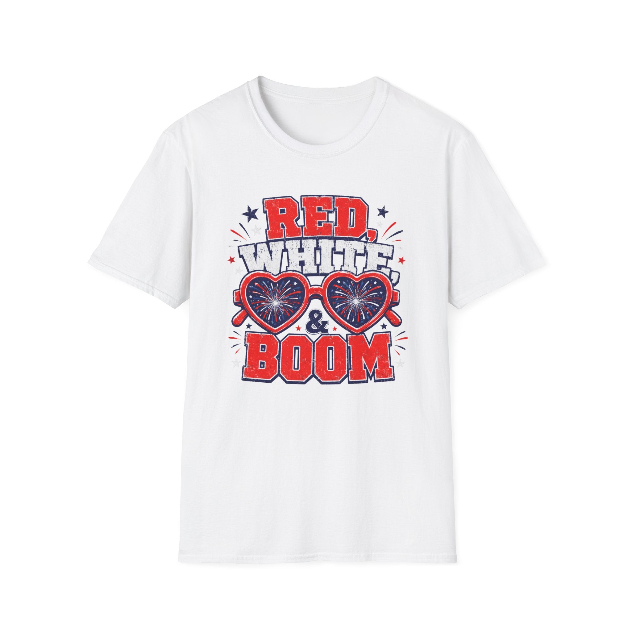 Red White Boom Sunglasses Shirt, Funny Patriotic Heart Glasses Firework Tee, 4th of July Pun Party T-Shirt, Retro Boom America Celebration Gift