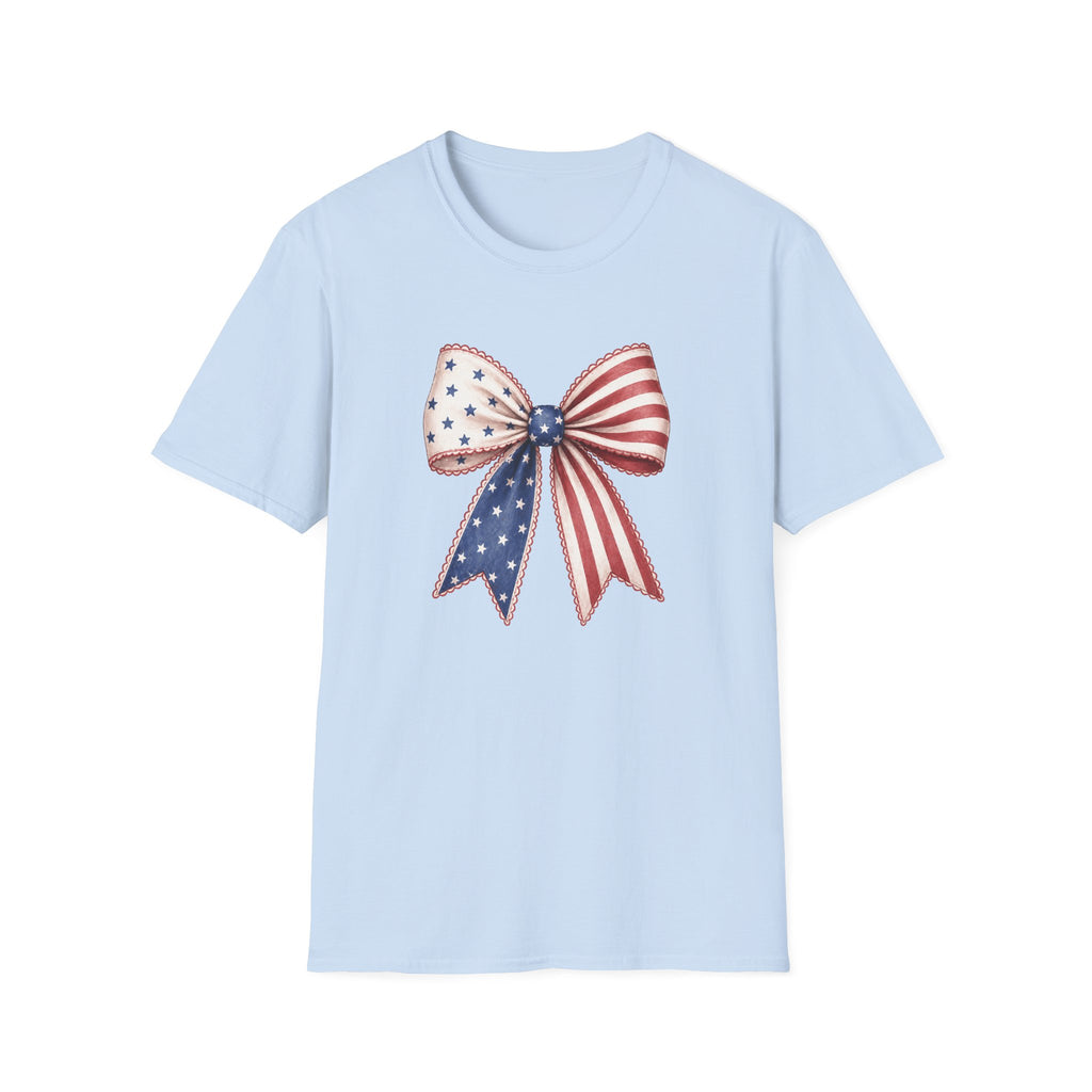 Patriotic American Flag Bow Tee, USA Pride Graphic Shirt, Fourth of July Outfit, Cute Red White Blue Bow Top