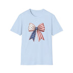 Patriotic American Flag Bow Tee, USA Pride Graphic Shirt, Fourth of July Outfit, Cute Red White Blue Bow Top