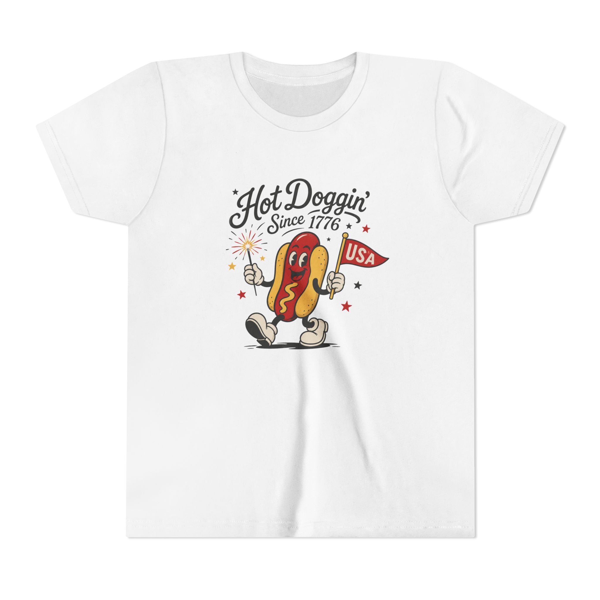Hot Doggin Since 1776 Tee, Patriotic USA Hot Dog Shirt, Funny Summer Cartoon Graphic Top, Fourth of July Celebration Outfit Youth Short Sleeve Tee