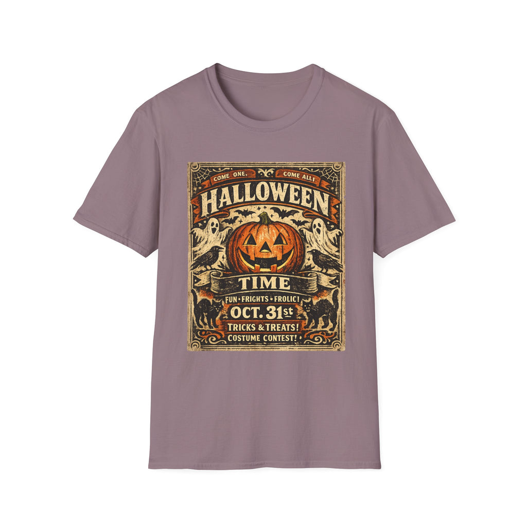 Vintage Halloween Pumpkin T-Shirt — "Halloween Time" Retro Poster Tee