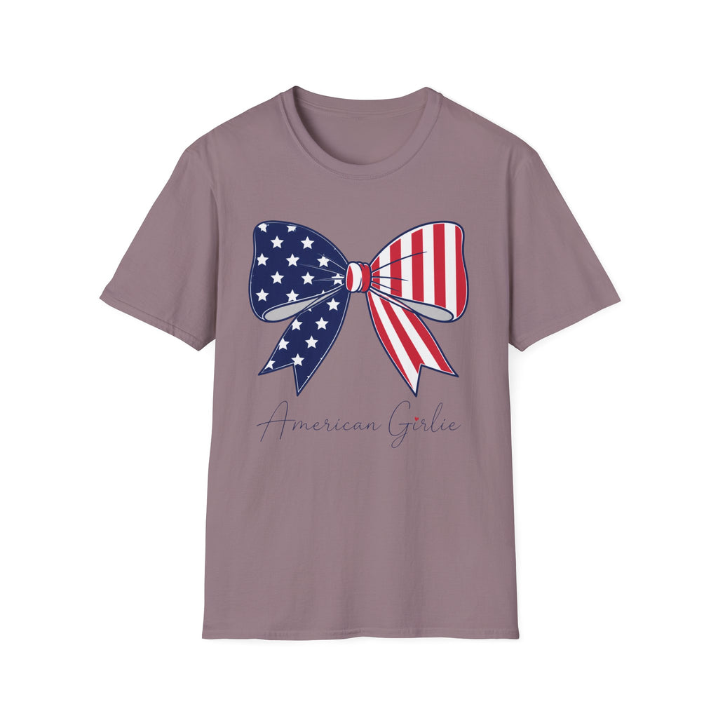 American Girl T-Shirt, Coquette Patriotic Flag Bow Tee, 4th of July Shirt, USA Stars Stripes Bow Script Gift, Cute Independence Day Tee