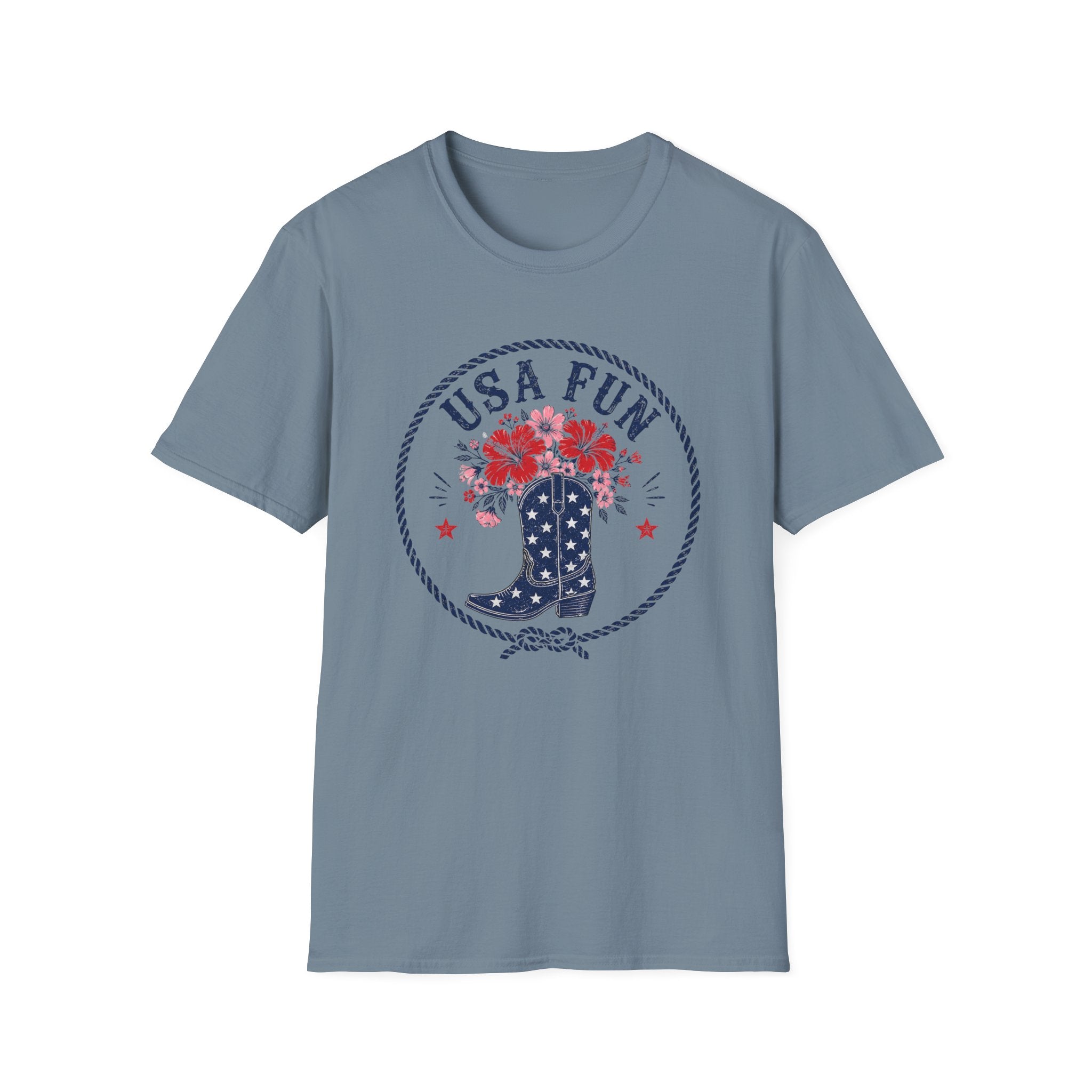 USA Fun Floral Cowboy Boot T-Shirt, Western Patriotic Hibiscus Boot Tee, Country 4th of July Rope Circle Shirt, Star Boot Wildflower America Gift