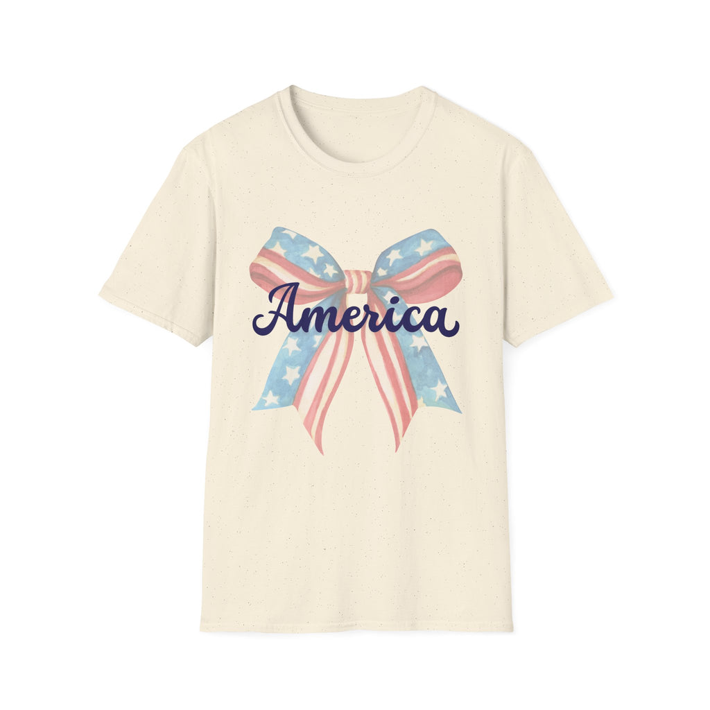 America Bow Patriotic T-Shirt, Coquette Fourth of July Graphic Tee, Vintage Americana Ribbon Shirt, Cute USA Holiday Apparel, Soft Girl Patriotic Outfit