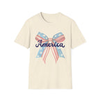 America Bow Patriotic T-Shirt, Coquette Fourth of July Graphic Tee, Vintage Americana Ribbon Shirt, Cute USA Holiday Apparel, Soft Girl Patriotic Outfit