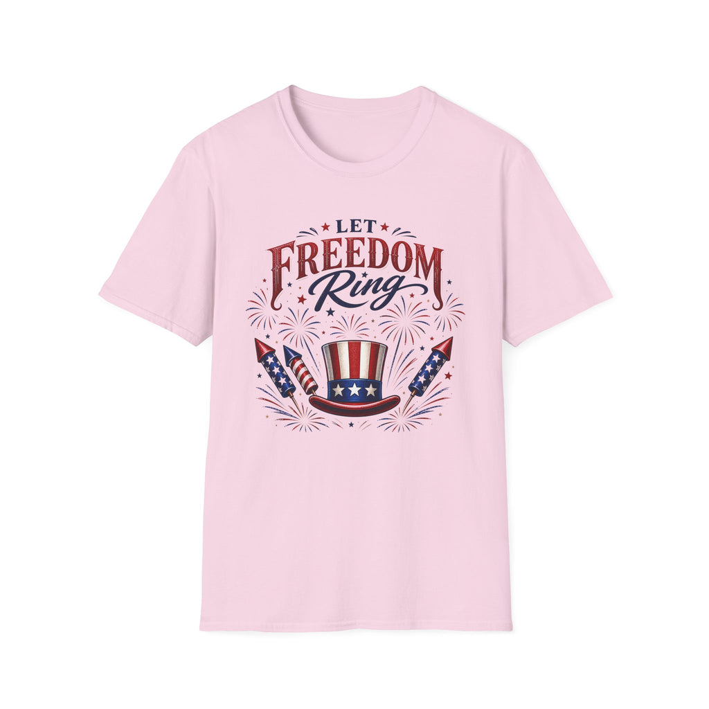 Let Freedom Ring T-Shirt | Patriotic Uncle Sam Hat Graphic Tee, Fourth Of July Charcoal Fireworks Top