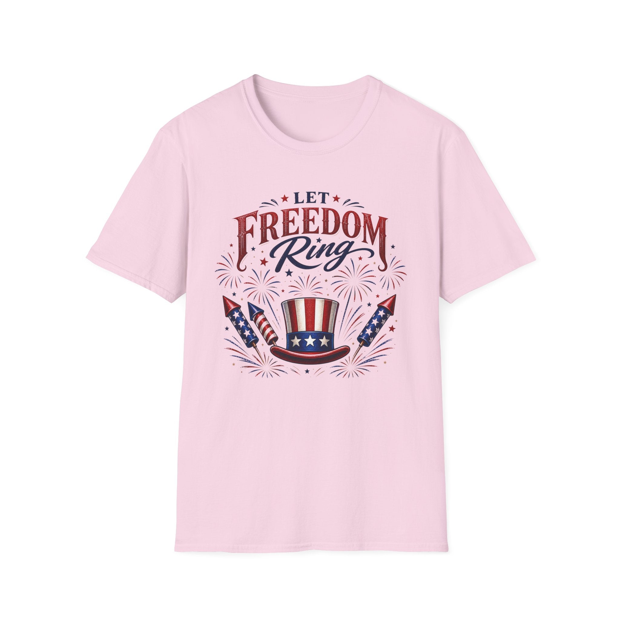 Let Freedom Ring T-Shirt | Patriotic Uncle Sam Hat Graphic Tee, Fourth Of July Charcoal Fireworks Top