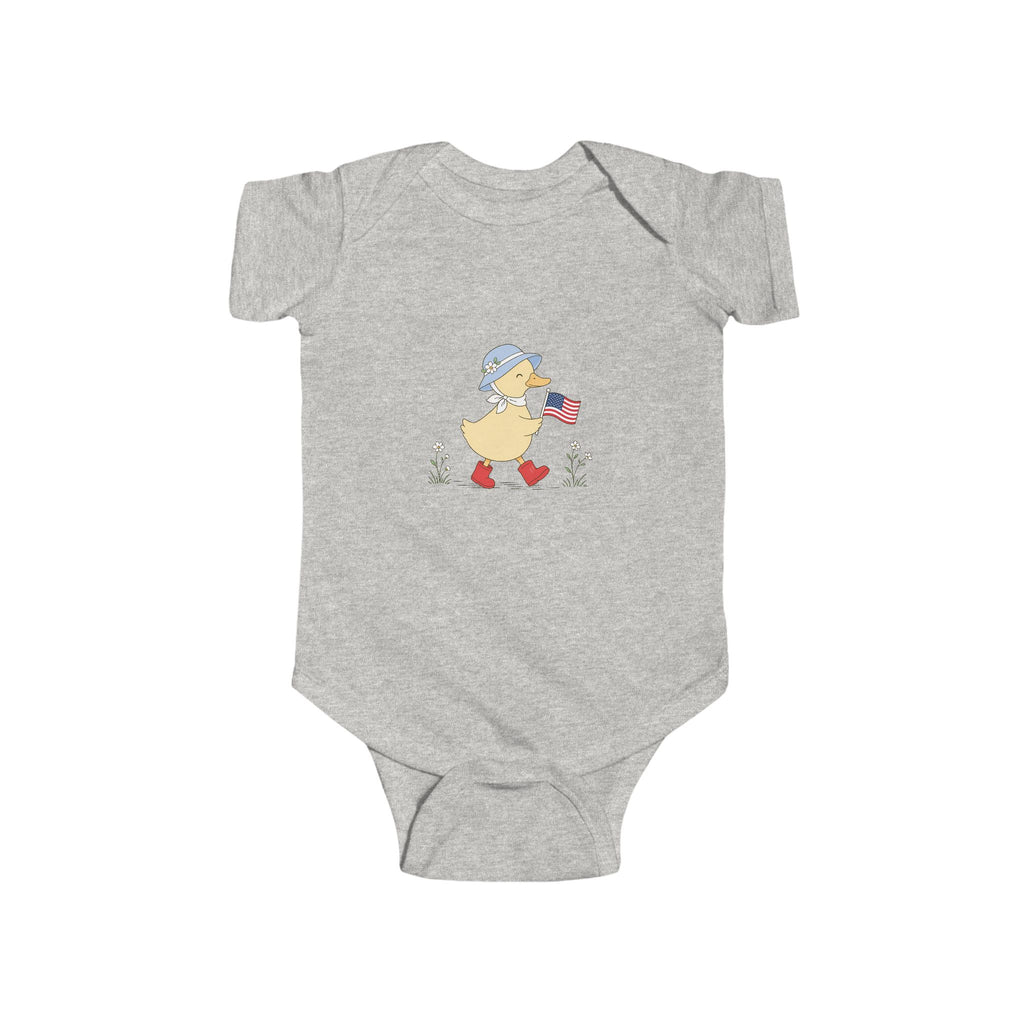Patriotic Duck Baby Onesie, Cute USA Flag Outfit, Red White Blue Infant Graphic Bodysuit, Fourth of July Celebration Wear Infant Fine Jersey Bodysuit