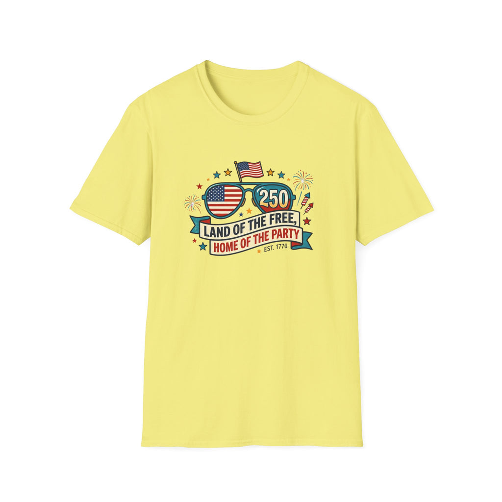 Land of the Free Home of the Party Tee, USA 250 Sunglasses Shirt, Red White Blue Celebration Graphic Top, Patriotic Fourth of July Outfit T-Shirt