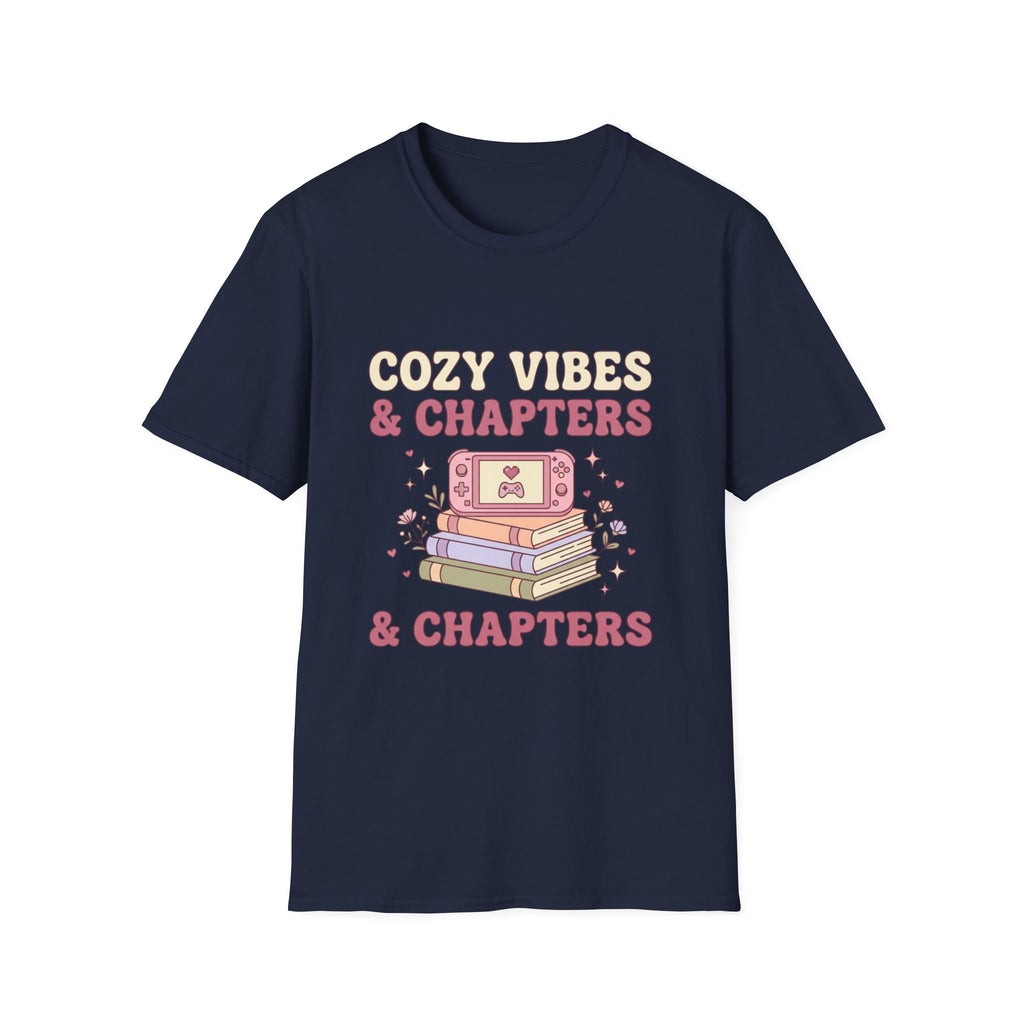 Cozy Vibes & Chapters T-Shirt — Cute Gamer + Booklover Graphic Tee