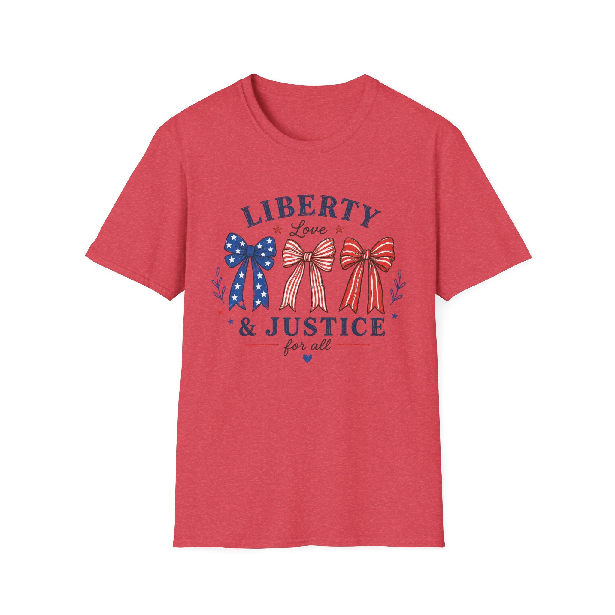 Liberty Love Justice Tee, Patriotic Bows USA Shirt, Red White Blue Graphic Top, American Pride Fourth of July Outfit T-Shirt