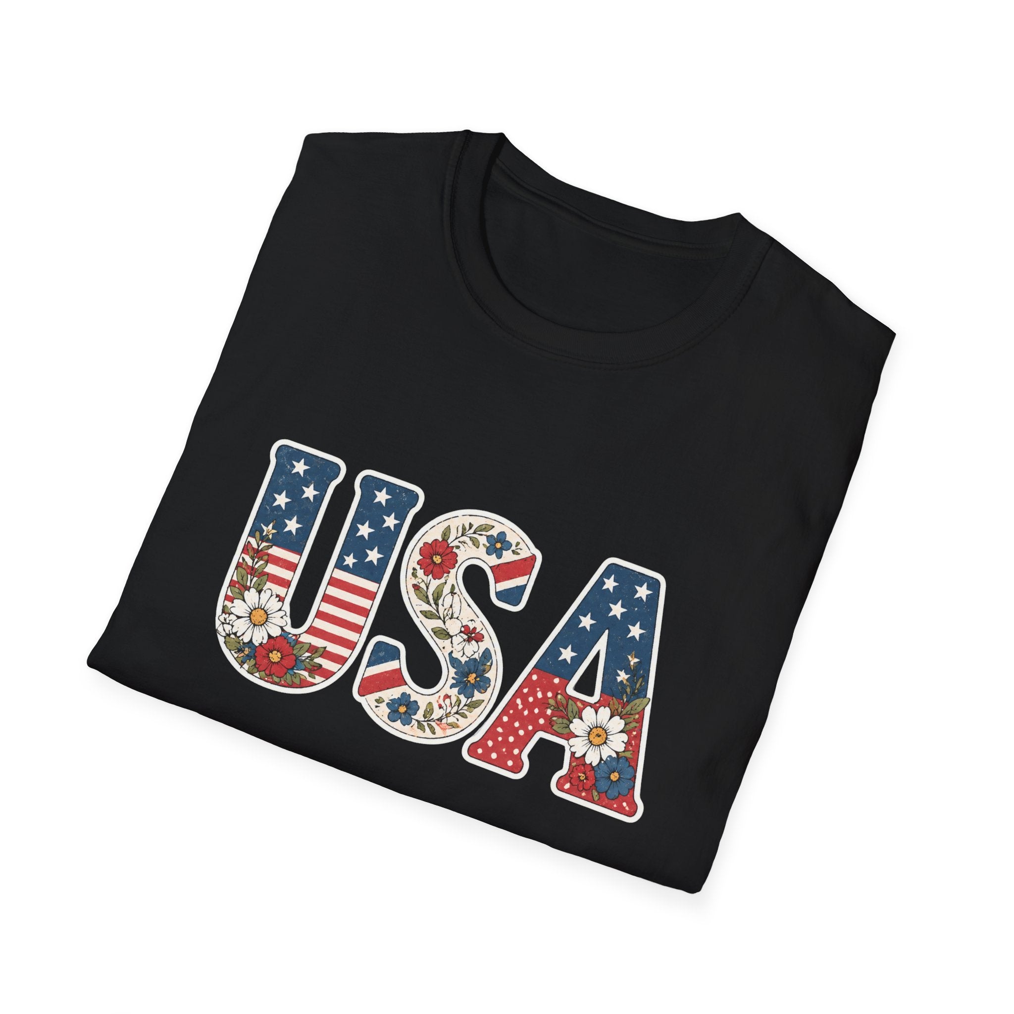 Floral USA T-Shirt, Cottagecore Patriotic Flower Letter Tee, 4th of July Wildflower America Shirt, Stars Stripes Daisy Poppy Gift, Vintage Botanical