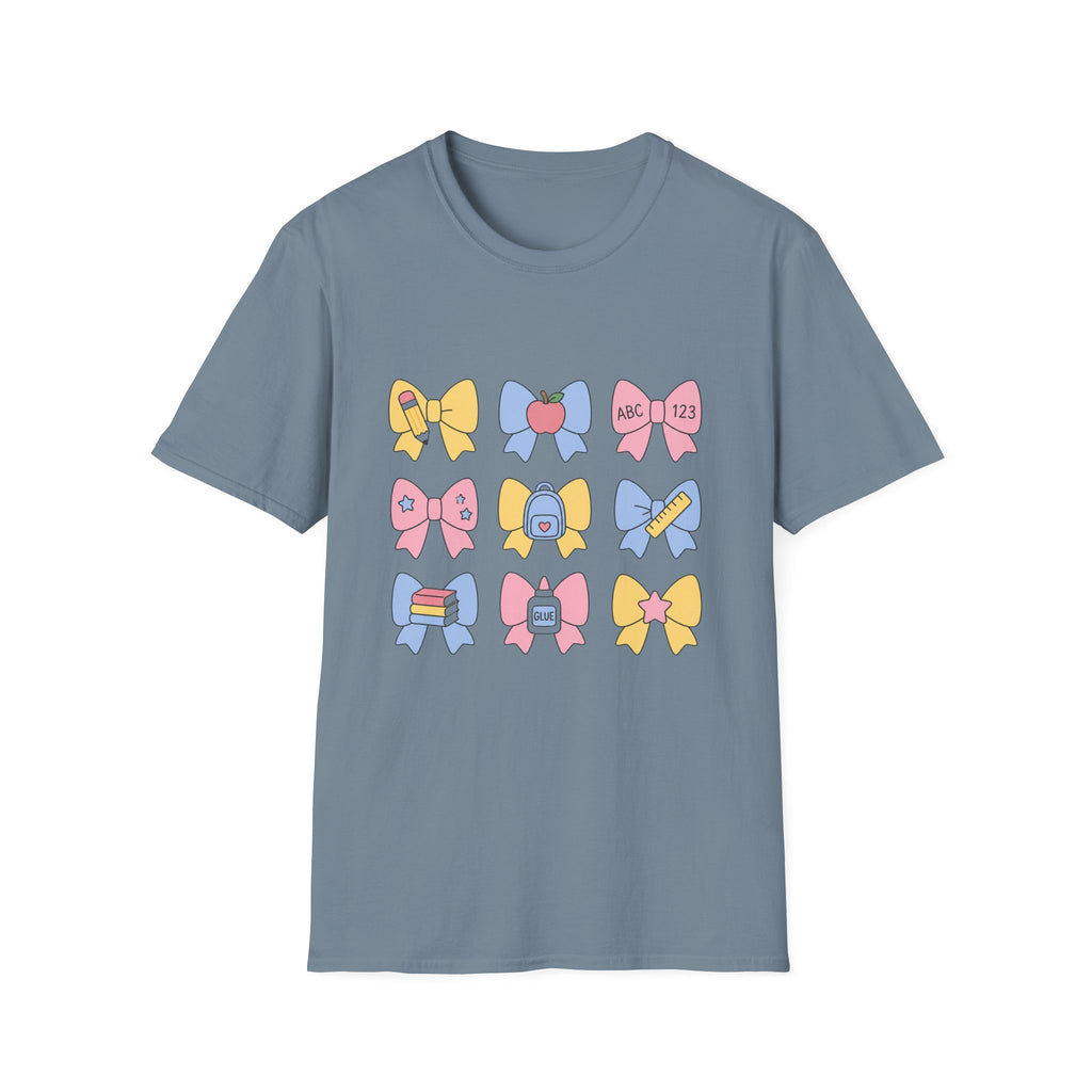 Cute Back-to-School Bow T-Shirt — Pastel School Supplies Graphic Tee