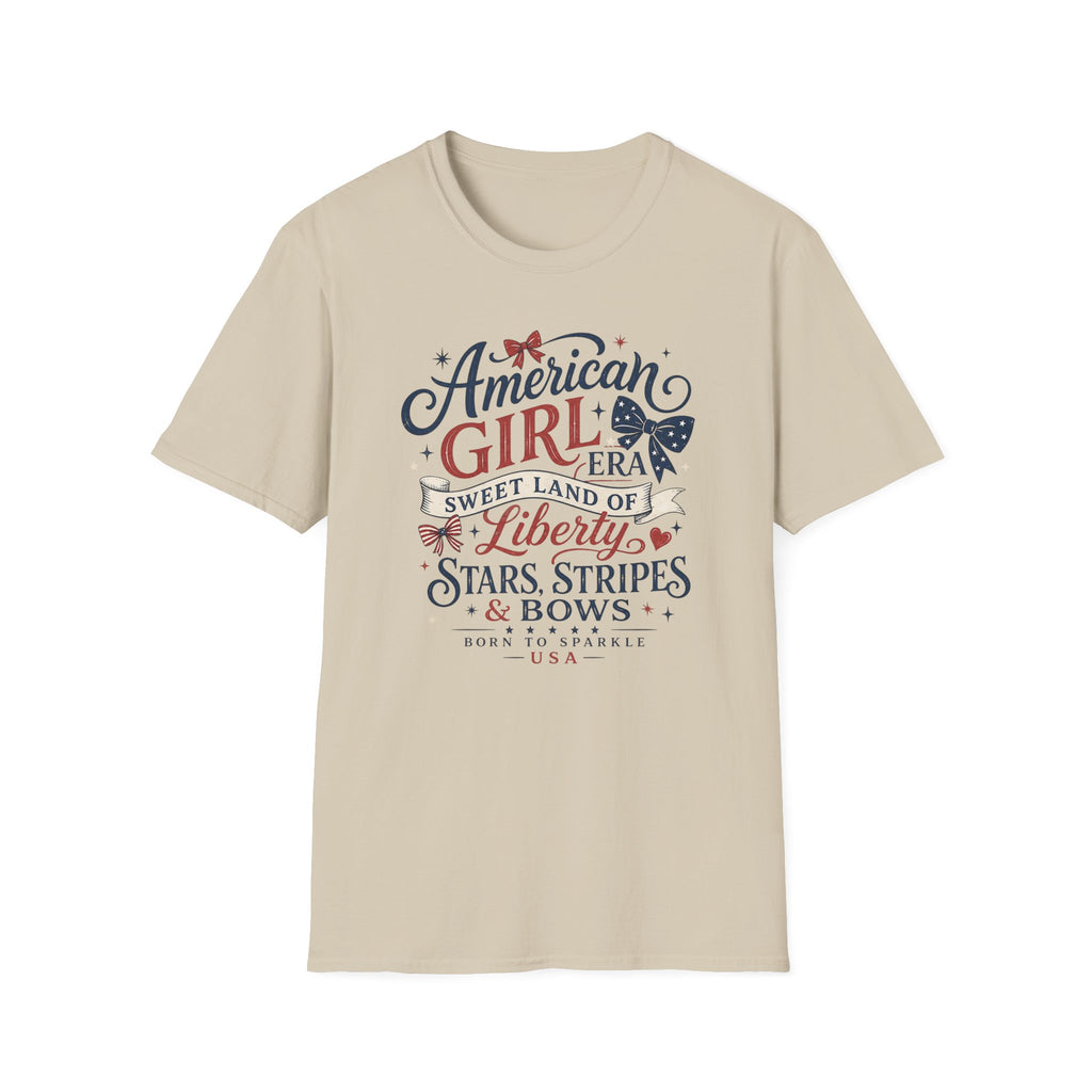 American Girl Era Tee, Sweet Land of Liberty Shirt, Stars Stripes Bows Graphic Top, USA Born Raised Patriotic Outfit T-Shirt