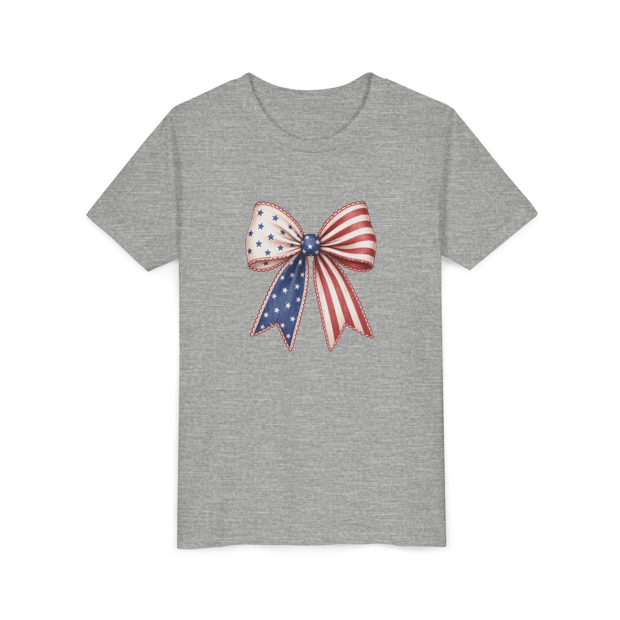 Patriotic Flag Bow Tee, Red White Blue USA Shirt, American Pride Graphic Top, Fourth of July Celebration Outfit Youth Short Sleeve Tee