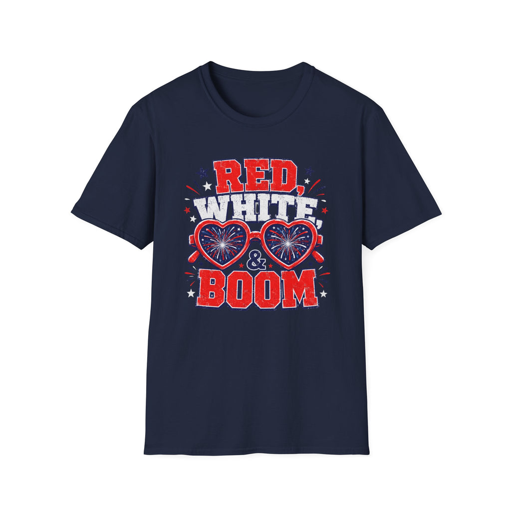 Red White Boom Sunglasses Shirt, Funny Patriotic Heart Glasses Firework Tee, 4th of July Pun Party T-Shirt, Retro Boom America Celebration Gift