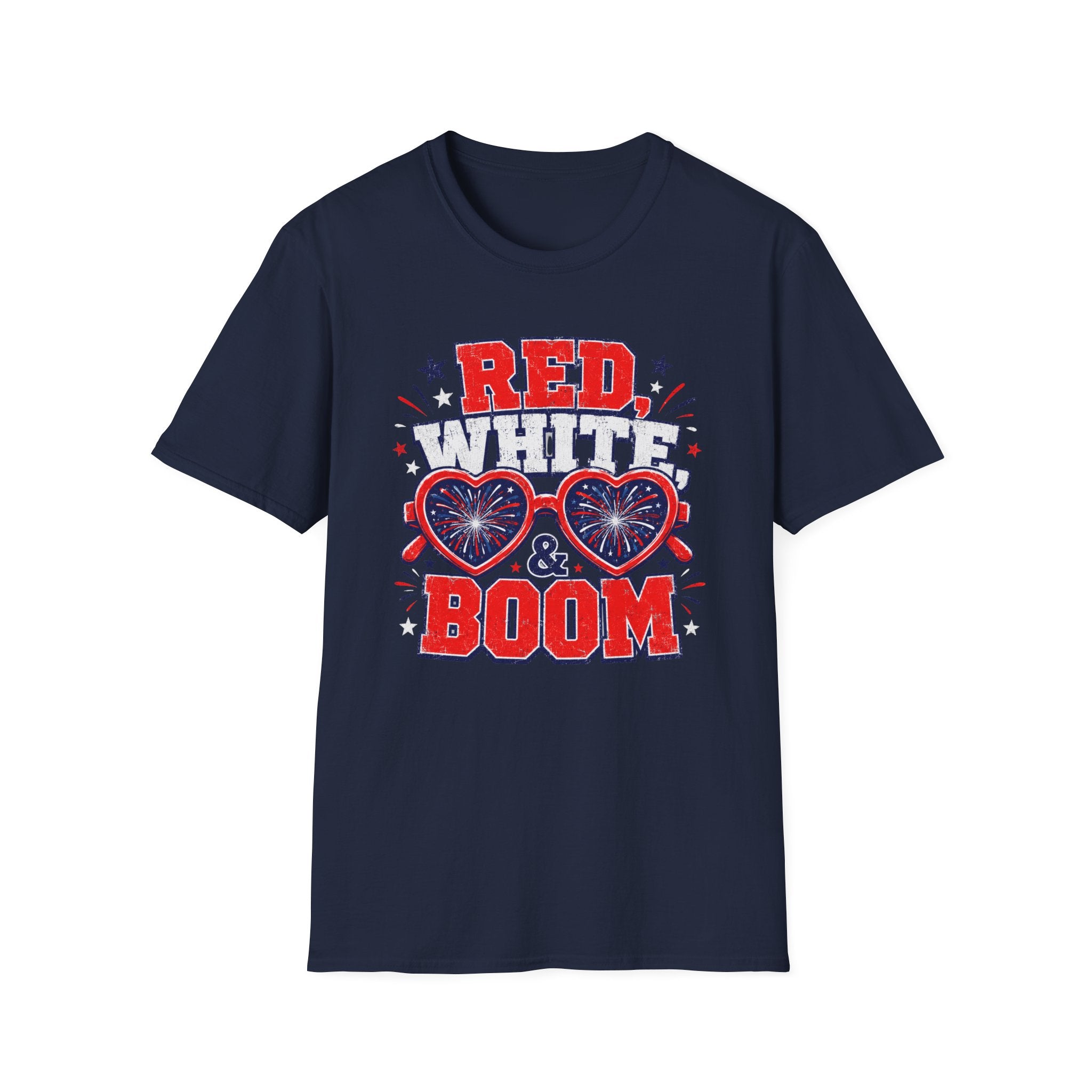 Red White Boom Sunglasses Shirt, Funny Patriotic Heart Glasses Firework Tee, 4th of July Pun Party T-Shirt, Retro Boom America Celebration Gift
