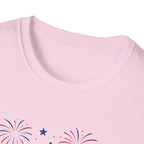 Fourth of July Beach Scene T-Shirt, Patriotic Summer Ocean Surfboard Tee, 4th of July Beach Vacation Shirt, Fireworks Umbrella Surfboard America