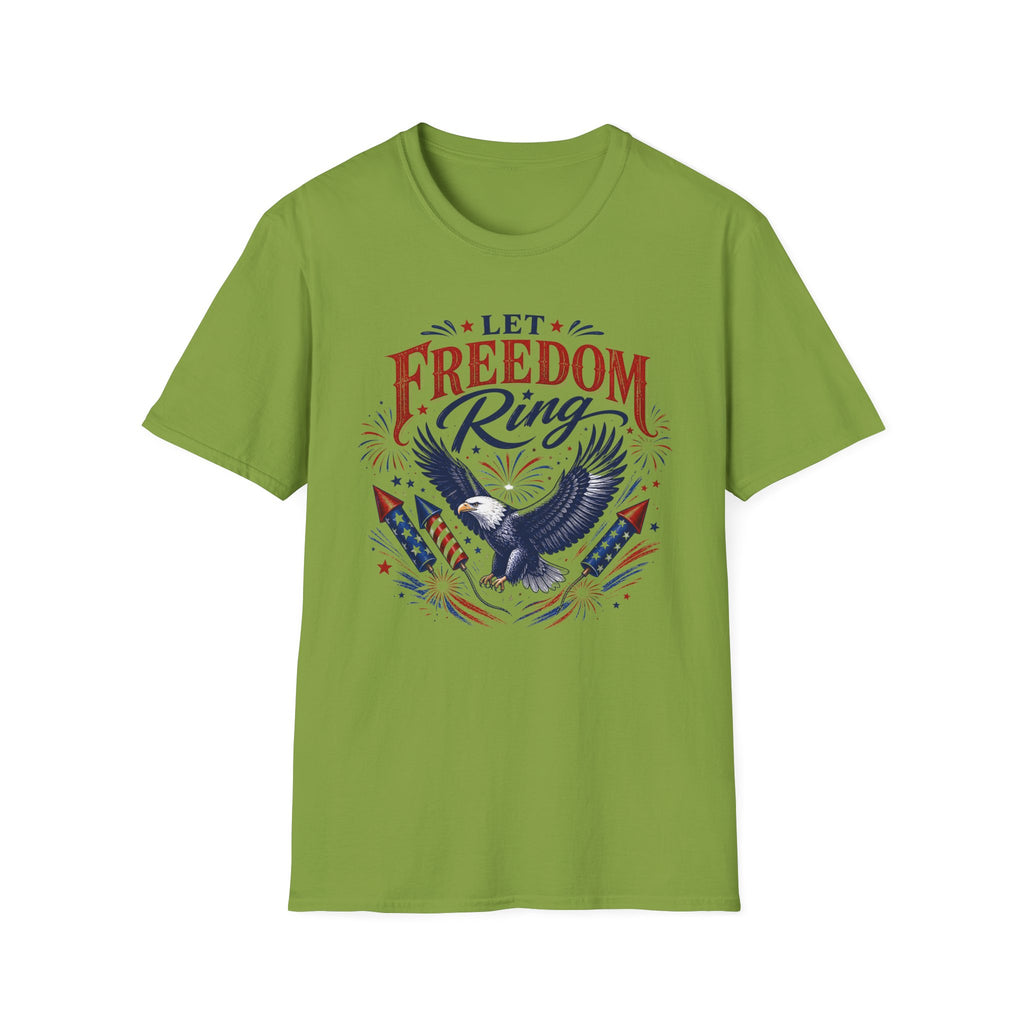 Let Freedom Ring T-Shirt | Patriotic American Bald Eagle Graphic Tee, Fourth Of July Retro Fireworks Top