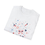 Patriotic Doodle Collage T-Shirt, Cute 4th of July Bow Heart Flag Confetti Tee, Whimsical Festive America Shirt, Coquette Patriotic Icon Scatter Gift