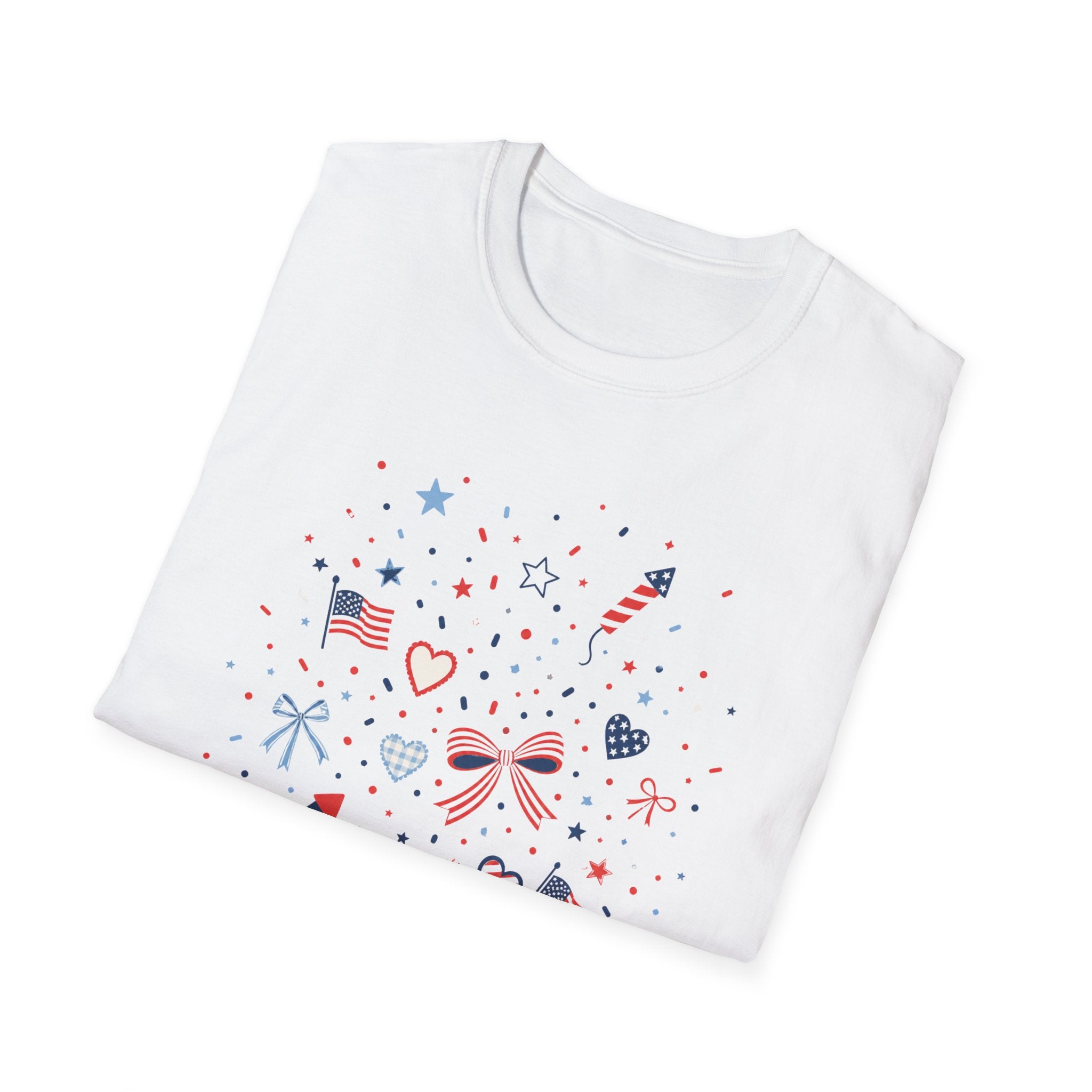 Patriotic Doodle Collage T-Shirt, Cute 4th of July Bow Heart Flag Confetti Tee, Whimsical Festive America Shirt, Coquette Patriotic Icon Scatter Gift