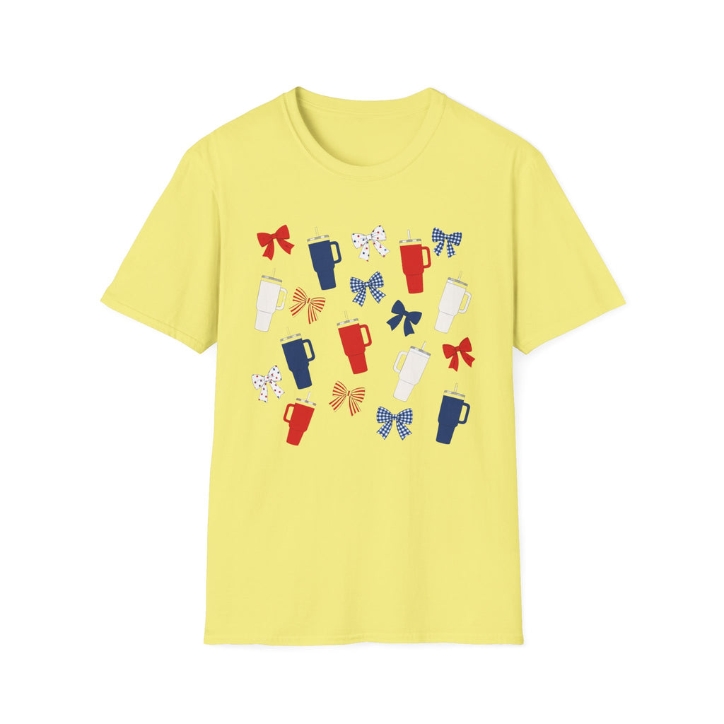 Patriotic Coffee Lover T-Shirt, Americana Bow Graphic Tee, Fourth of July Iced Drink Shirt, Cute Summer Cafe Apparel, Coquette USA Outfit