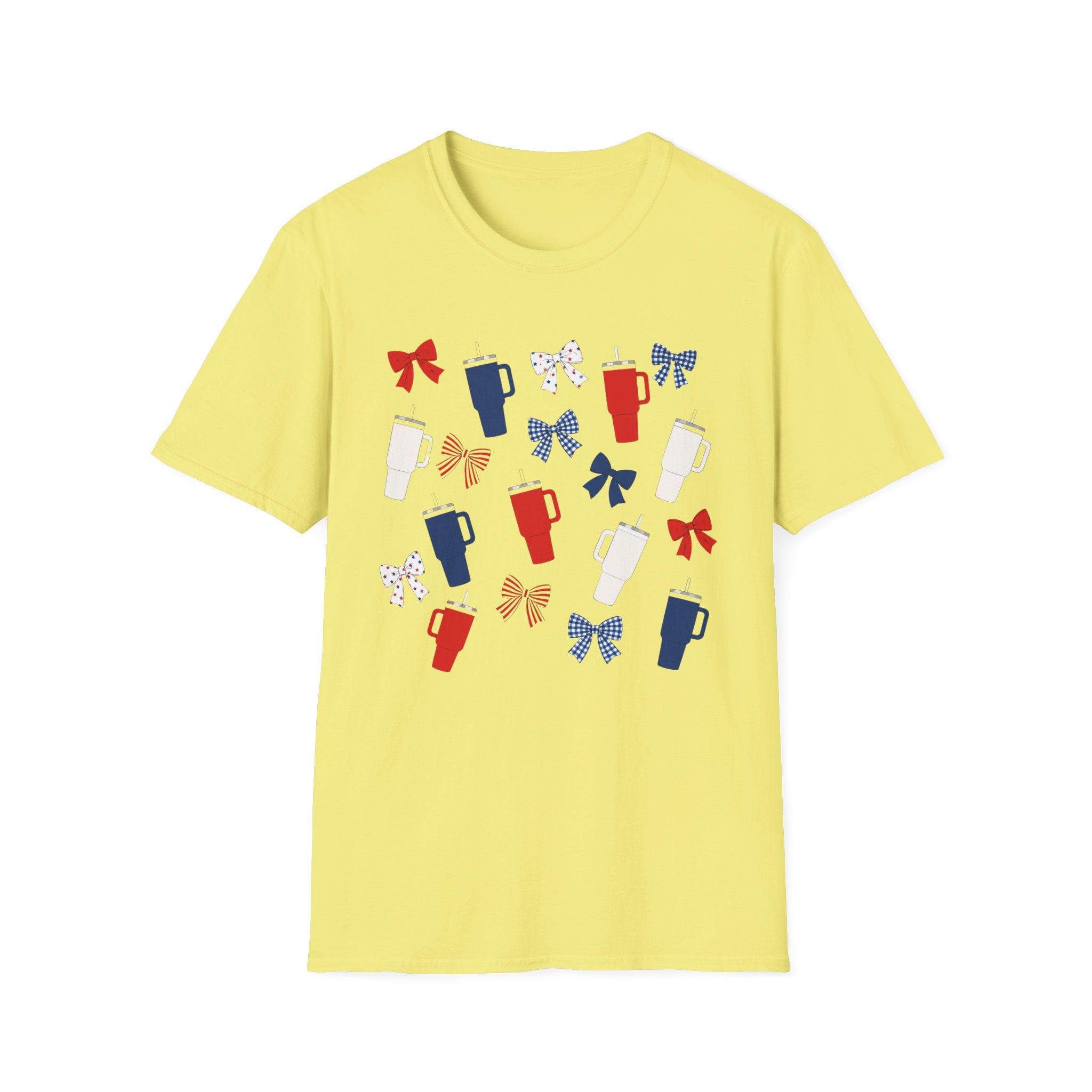 Patriotic Coffee Lover T-Shirt, Americana Bow Graphic Tee, Fourth of July Iced Drink Shirt, Cute Summer Cafe Apparel, Coquette USA Outfit