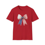Patriotic American Flag Bow Tee, USA Pride Graphic Shirt, Fourth of July Outfit, Cute Red White Blue Bow Top