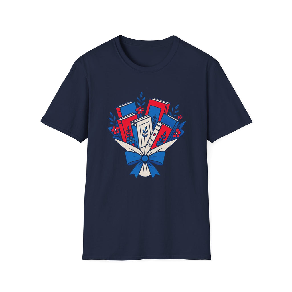 Patriotic Book Bouquet T-Shirt | Fourth Of July Librarian Graphic Tee, Red Blue Reader Ribbon Top