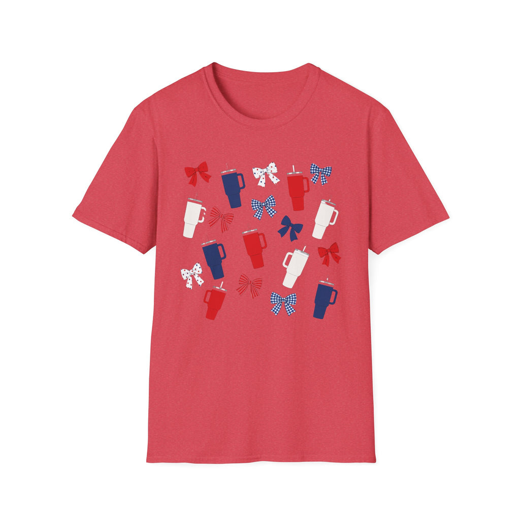 Patriotic Coffee Lover T-Shirt, Americana Bow Graphic Tee, Fourth of July Iced Drink Shirt, Cute Summer Cafe Apparel, Coquette USA Outfit