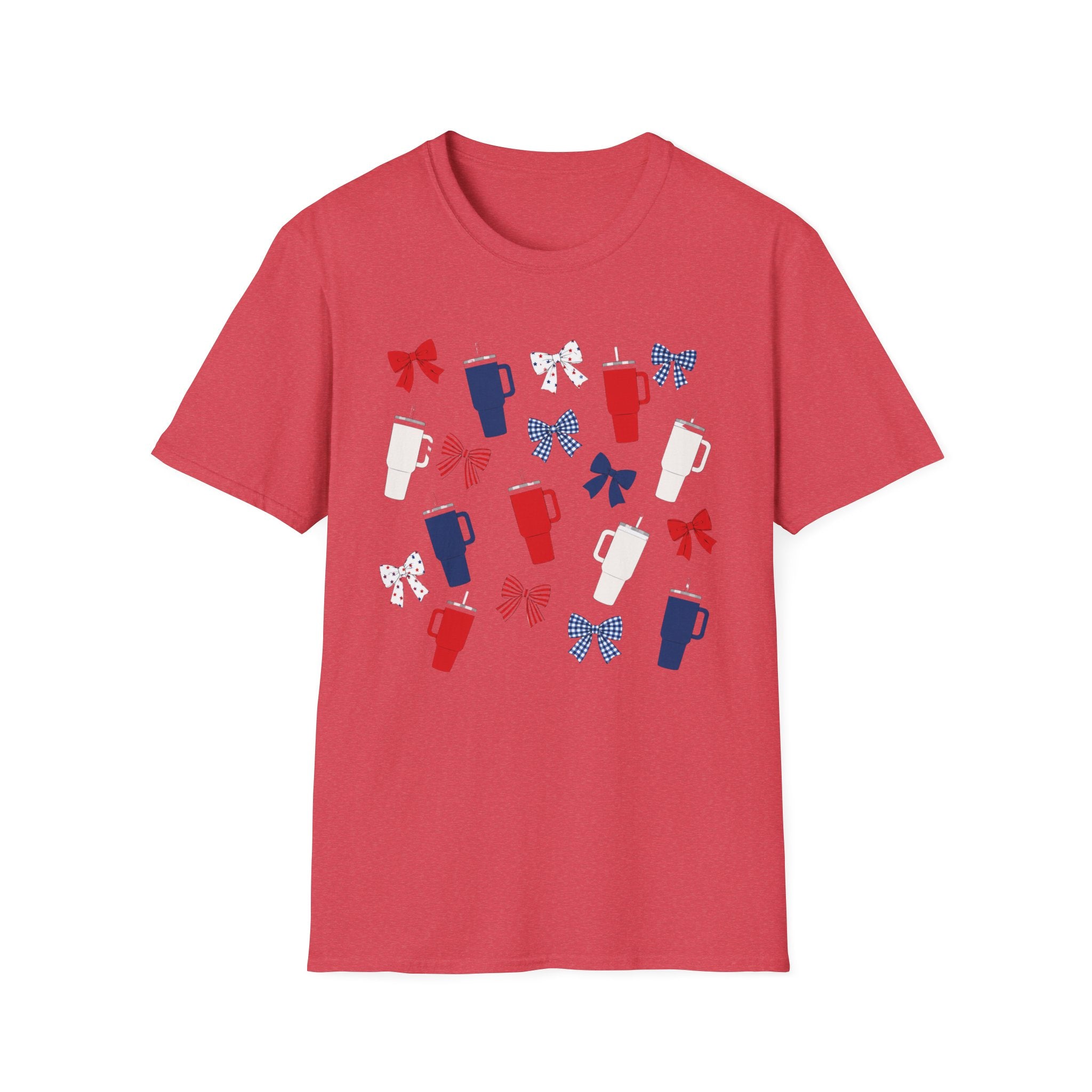 Patriotic Coffee Lover T-Shirt, Americana Bow Graphic Tee, Fourth of July Iced Drink Shirt, Cute Summer Cafe Apparel, Coquette USA Outfit