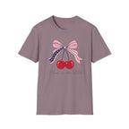 Made in the USA Cherry Tee, Patriotic Red White Blue Shirt, Cute Bow Fruit Graphic Top, Fourth of July Summer Outfit Unisex Softstyle T-Shirt