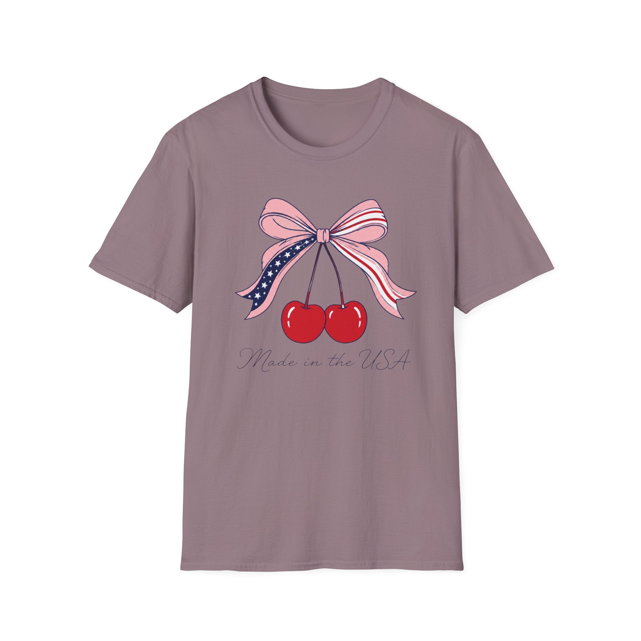 Made in the USA Cherry Tee, Patriotic Red White Blue Shirt, Cute Bow Fruit Graphic Top, Fourth of July Summer Outfit Unisex Softstyle T-Shirt