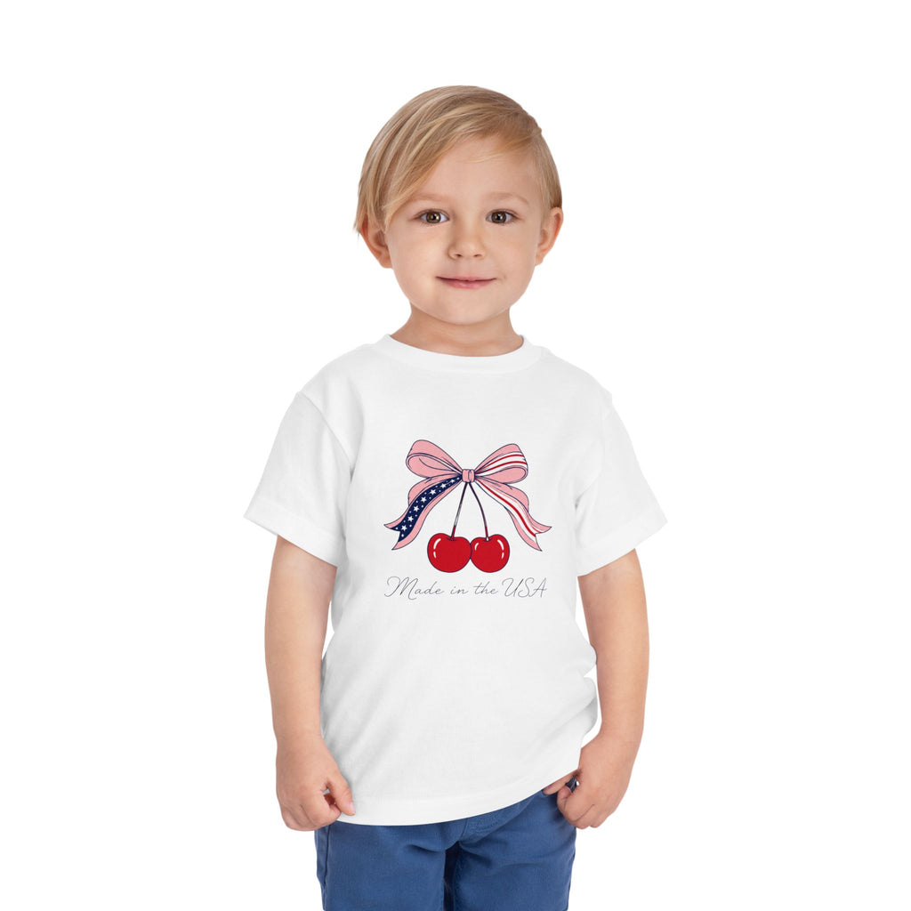 Made in the USA Cherry Tee, Patriotic Red White Blue Shirt, Cute Bow Fruit Graphic Top, Fourth of July Summer Outfit Toddler Short Sleeve Tee
