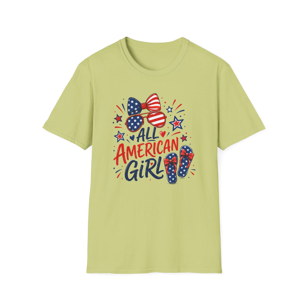All American Girl Tee, Patriotic Bow Flip Flops Shirt, Red White Blue Graphic Top, Cute USA Fourth of July Outfit T-Shirt