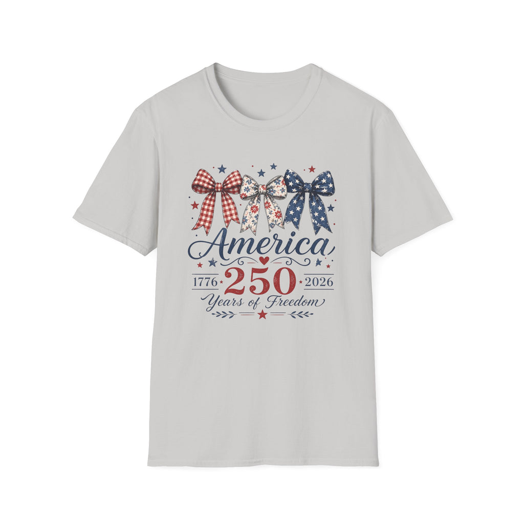 America 250 Years Of Freedom T-Shirt | Patriotic Coquette Ribbon Bow Graphic Tee, 1776 2026 Semiquincentennial Top