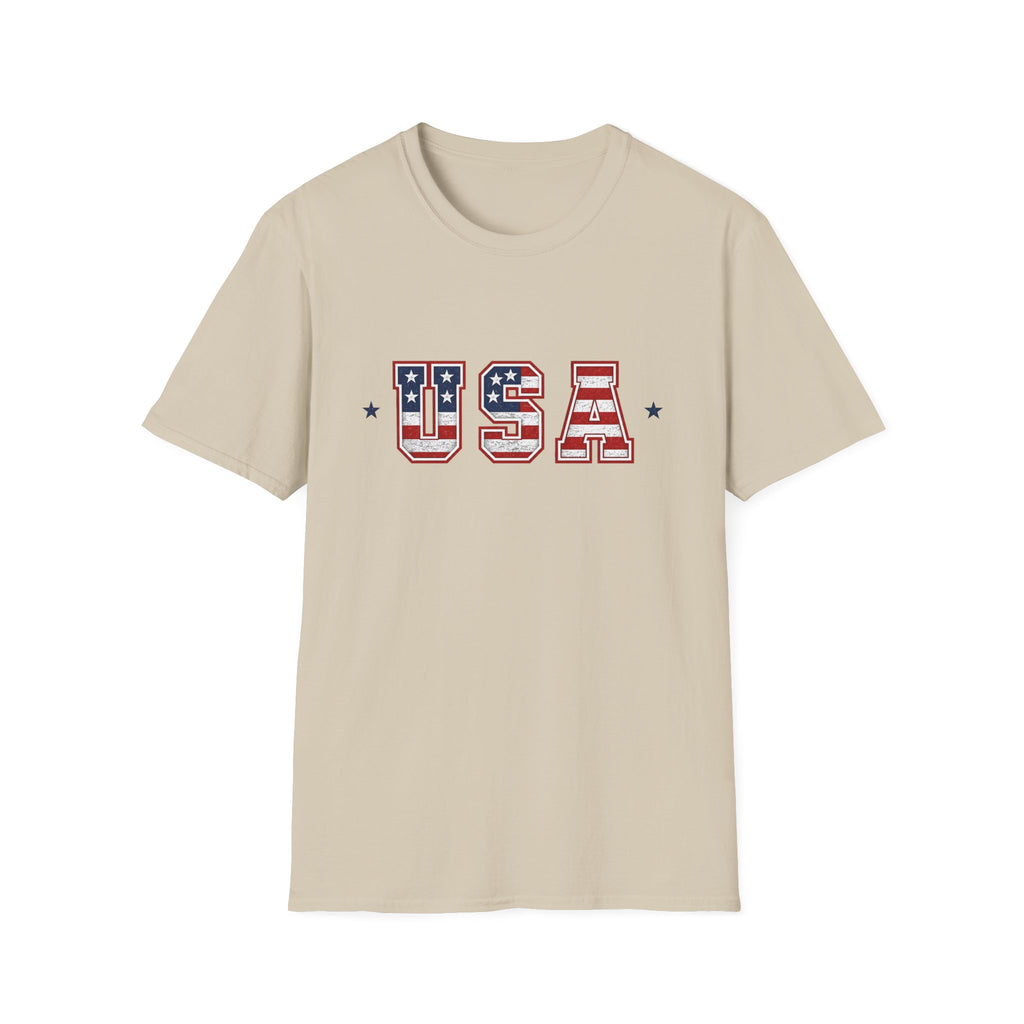 USA Varsity Lettering T-Shirt | Patriotic American Flag Block Graphic Tee, Fourth Of July Stars Stripes Top