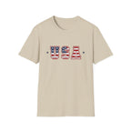 USA Varsity Lettering T-Shirt | Patriotic American Flag Block Graphic Tee, Fourth Of July Stars Stripes Top