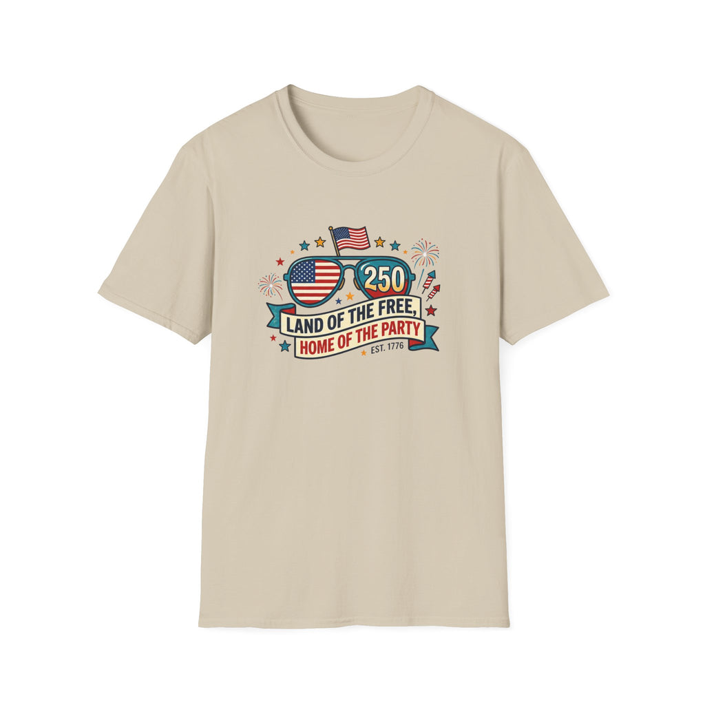 Land of the Free Home of the Party Tee, USA 250 Sunglasses Shirt, Red White Blue Celebration Graphic Top, Patriotic Fourth of July Outfit T-Shirt