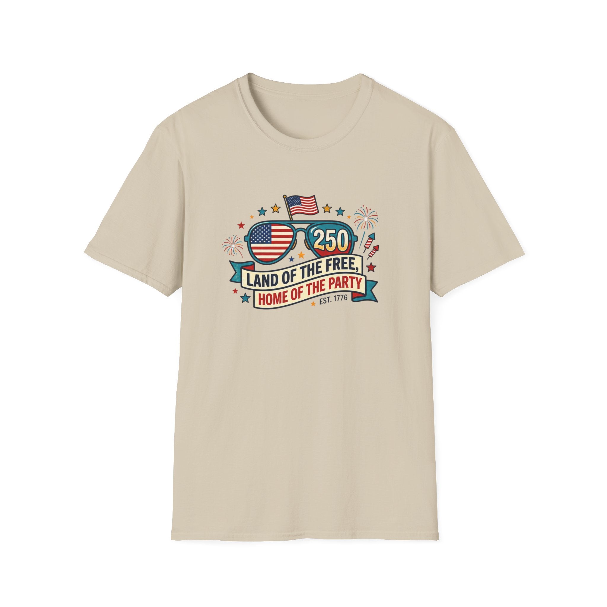 Land of the Free Home of the Party Tee, USA 250 Sunglasses Shirt, Red White Blue Celebration Graphic Top, Patriotic Fourth of July Outfit T-Shirt