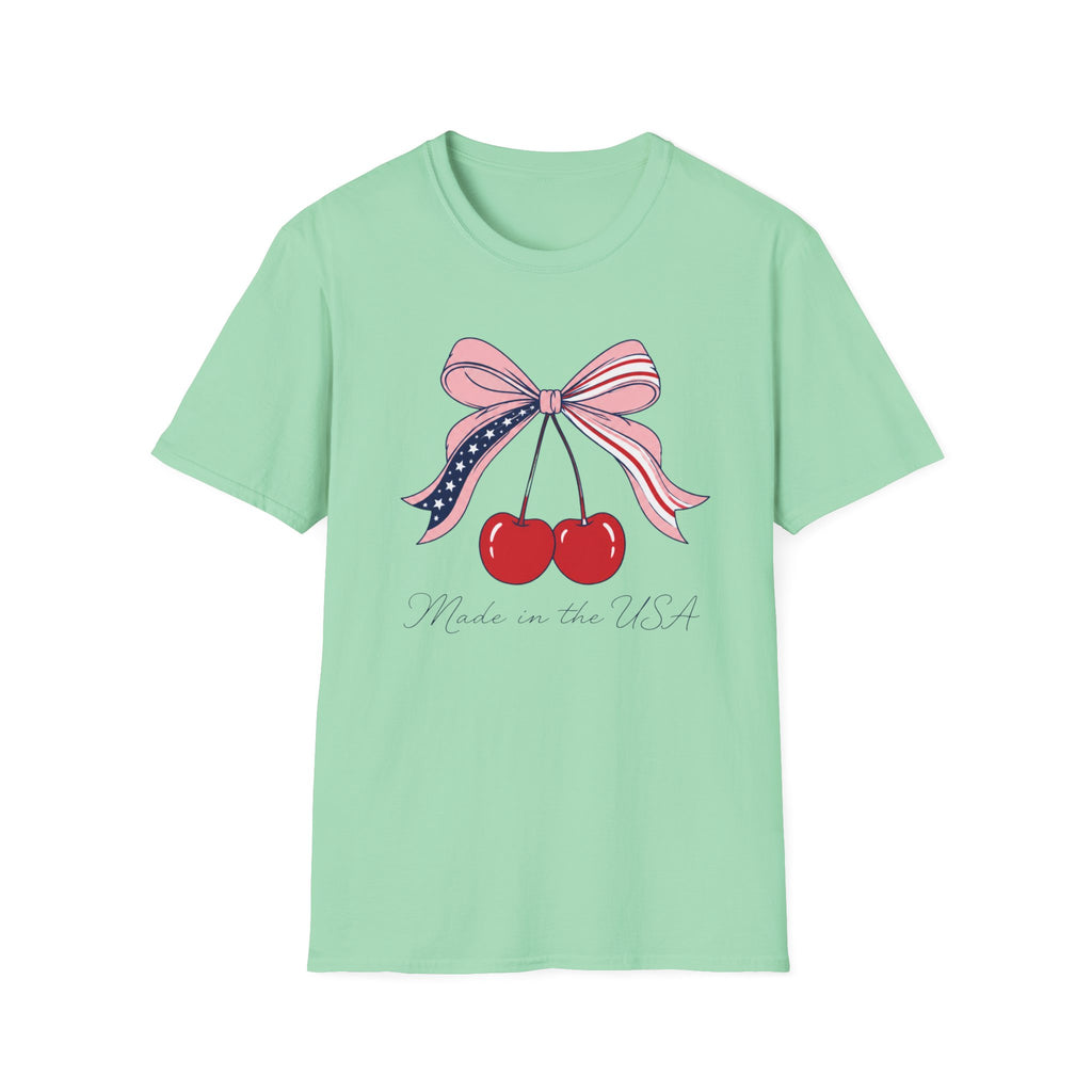 Made in the USA Cherry Tee, Patriotic Red White Blue Shirt, Cute Bow Fruit Graphic Top, Fourth of July Summer Outfit Unisex Softstyle T-Shirt