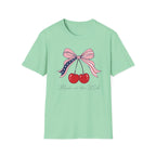 Made in the USA Cherry Tee, Patriotic Red White Blue Shirt, Cute Bow Fruit Graphic Top, Fourth of July Summer Outfit Unisex Softstyle T-Shirt