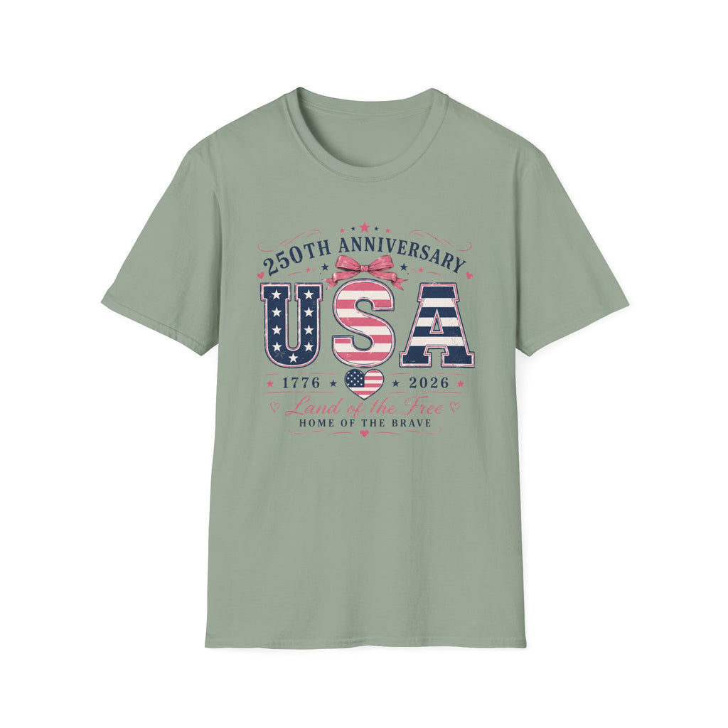 250th Anniversary USA Coquette Bow Shirt, Land of the Free Home of the Brave Women's Tee, Varsity Stars Stripes Heart 1776 2026 T-Shirt