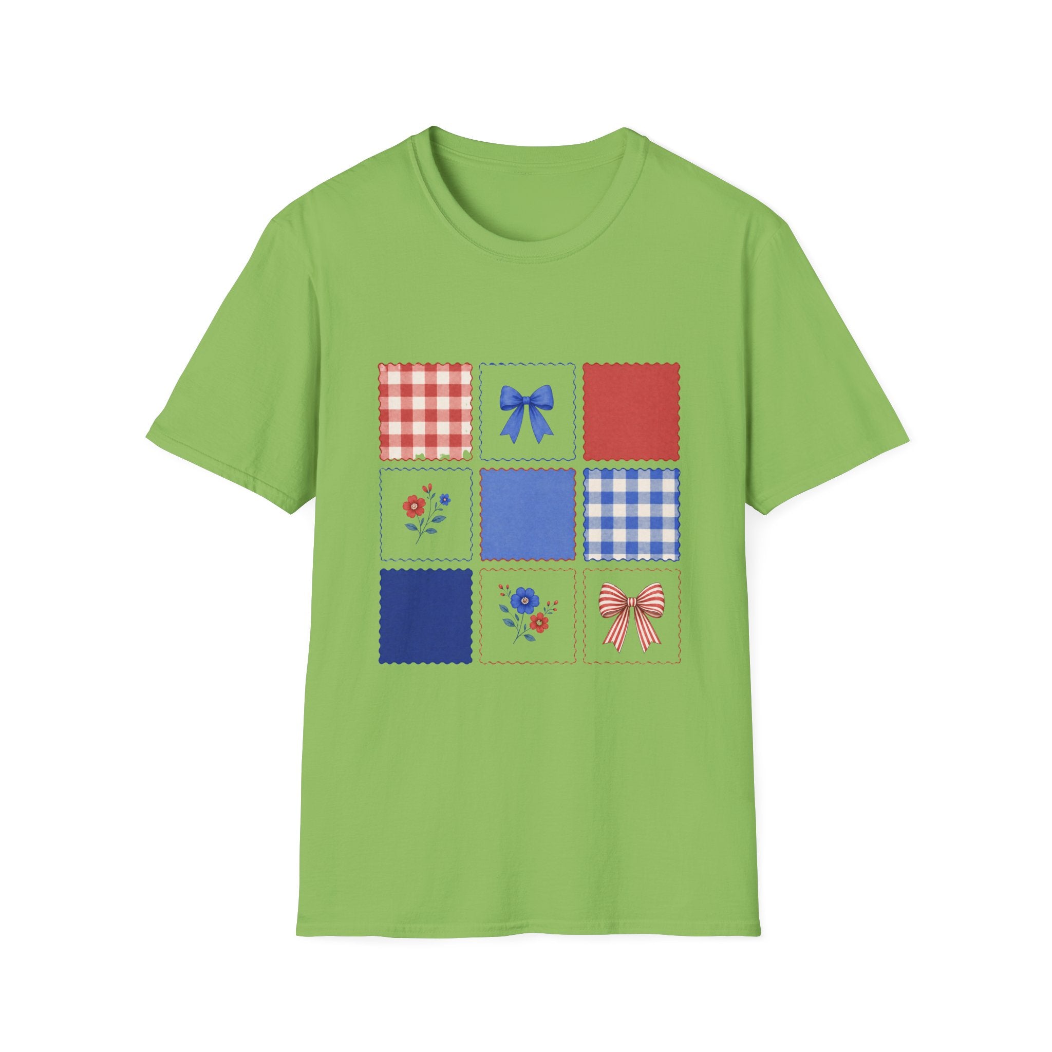 Patriotic Quilt Patch T-Shirt, Coquette Bow Gingham Nine Patch Tee, Cottagecore 4th of July Grid Shirt, Red Blue Floral Folk Quilt Square