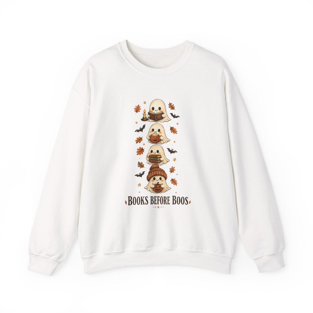 "Books Before Boos" Cute Halloween Ghost Stack Crewneck Sweatshirt