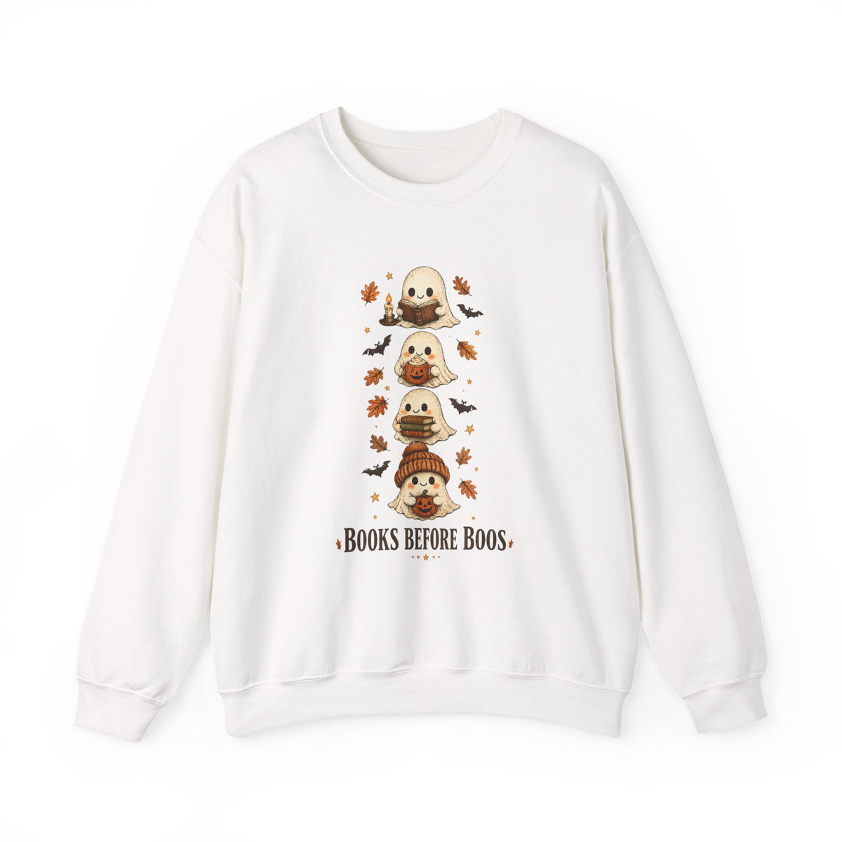 "Books Before Boos" Cute Halloween Ghost Stack Crewneck Sweatshirt
