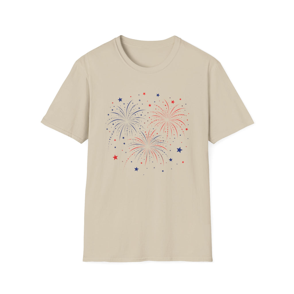 Minimalist Patriotic Fireworks T-Shirt | Fourth Of July American Flag Colors Graphic Tee, Red White Blue Stars Top